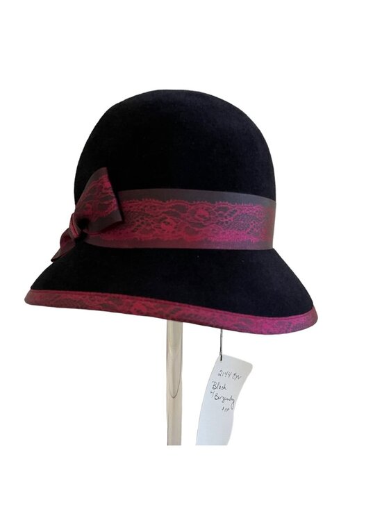 Louise Green Black Burgundy Lace Ribbon Bow Hat Cloche Style 100% Wool USA main image 4